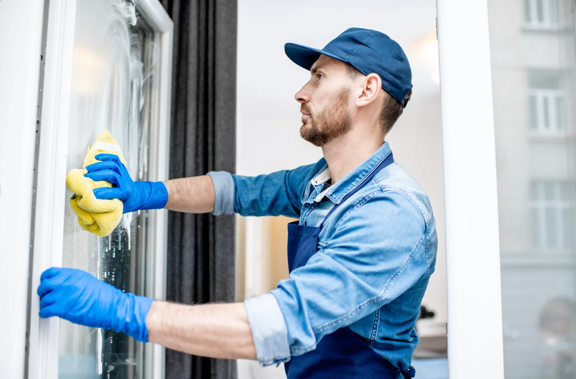 persoon maakt raam schoon